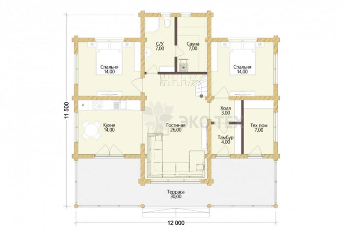 Проект дома Котка оцилиндрованное бревно планировка